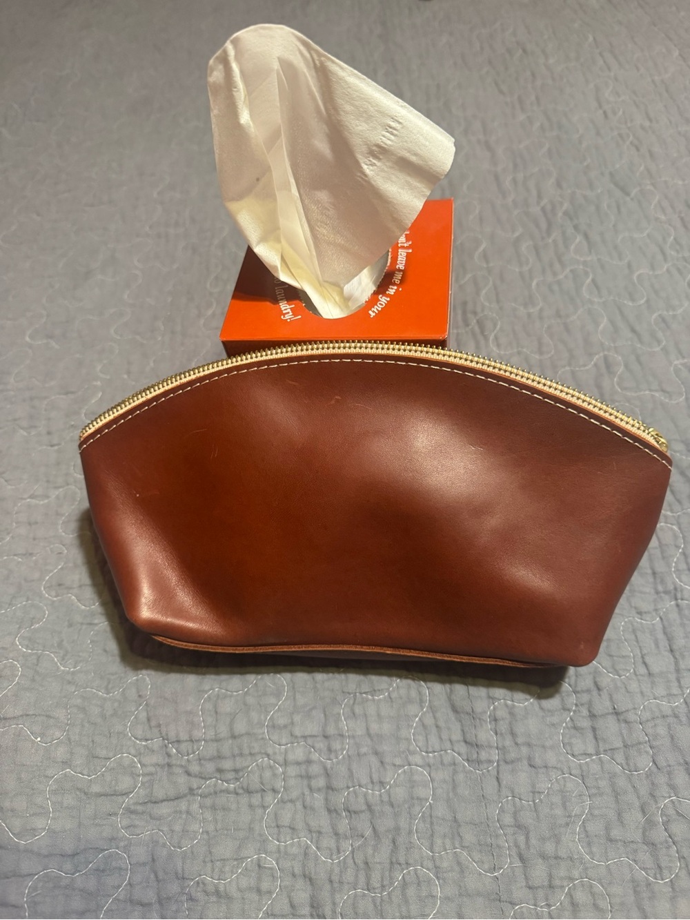 Portland Leather Cognac Eclipse Makeup bag/ Toiletry bag with Natural Zipper